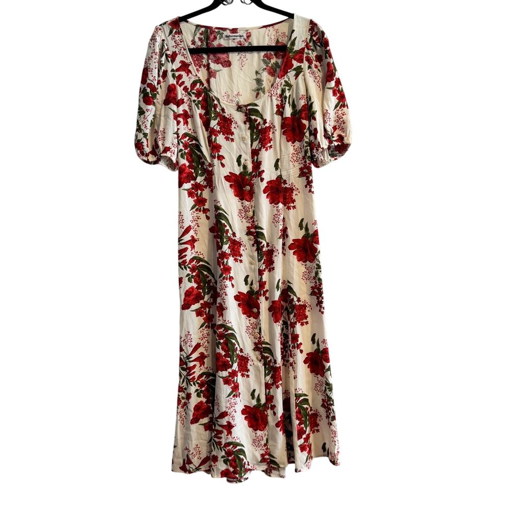 Reformation Beechwood Floral Midi Dress White Button Tie Short Sleeve Sz 10